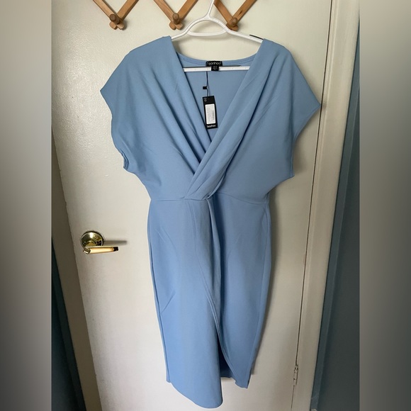 Boohoo Sky Blue Wrap Front Midi Dress- Size 12 - Picture 1 of 7